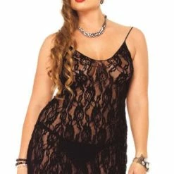 LEG AVENUE Black Rose Lace Diva Chemise Set