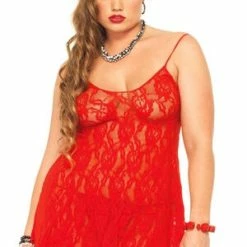 LEG AVENUE Plus Size Rose Lace Flared Queen Chemise & G-String