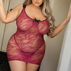 Yelete Plus Wine Red Bold Desires Ribbon Lace Up Fishnet Dress