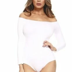 Yelete Long Sleeve Off The Shoulder Bodysuit -Lingerie Diva shop BS1004 WHT 5 l 300x