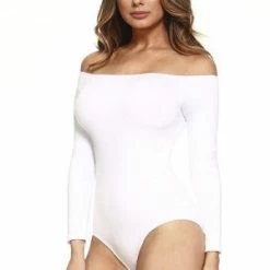 Yelete Long Sleeve Off The Shoulder Bodysuit -Lingerie Diva shop BS1004 WHT 6 l 300x