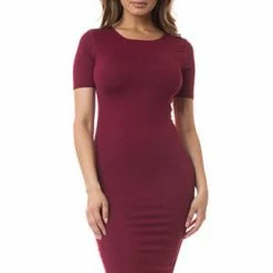 Yelete Burgundy Short Sleeve Crew Neck Midi Bodycon Dress -Lingerie Diva shop DRS002 BUG 2 l 300x