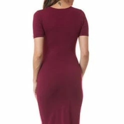 Yelete Burgundy Short Sleeve Crew Neck Midi Bodycon Dress -Lingerie Diva shop DRS002 BUG 4 l 300x