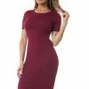 Yelete Burgundy Short Sleeve Crew Neck Midi Bodycon Dress