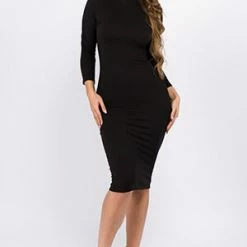 Yelete Black Mock Neck Midi Bodycon Dress -Lingerie Diva shop DRS190 BLK 2 l 300x