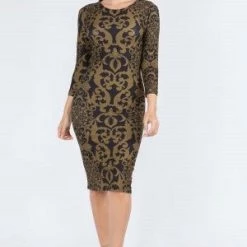 Yelete Swirl Pattern Midi Bodycon Dress -Lingerie Diva shop DRS265 GLD 4 l 300x