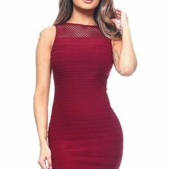 Yelete Wine Red High Neck Fishnet Sleeveless Bodycon Dress