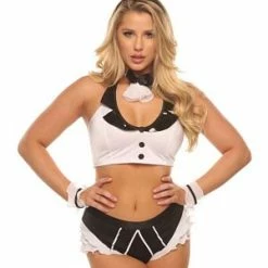 Velvet Kitten Teasing Tux Bunny Costume -Lingerie Diva shop lg 6807VK black white bunny costume set croptop panty ears tie stockings front1 300x